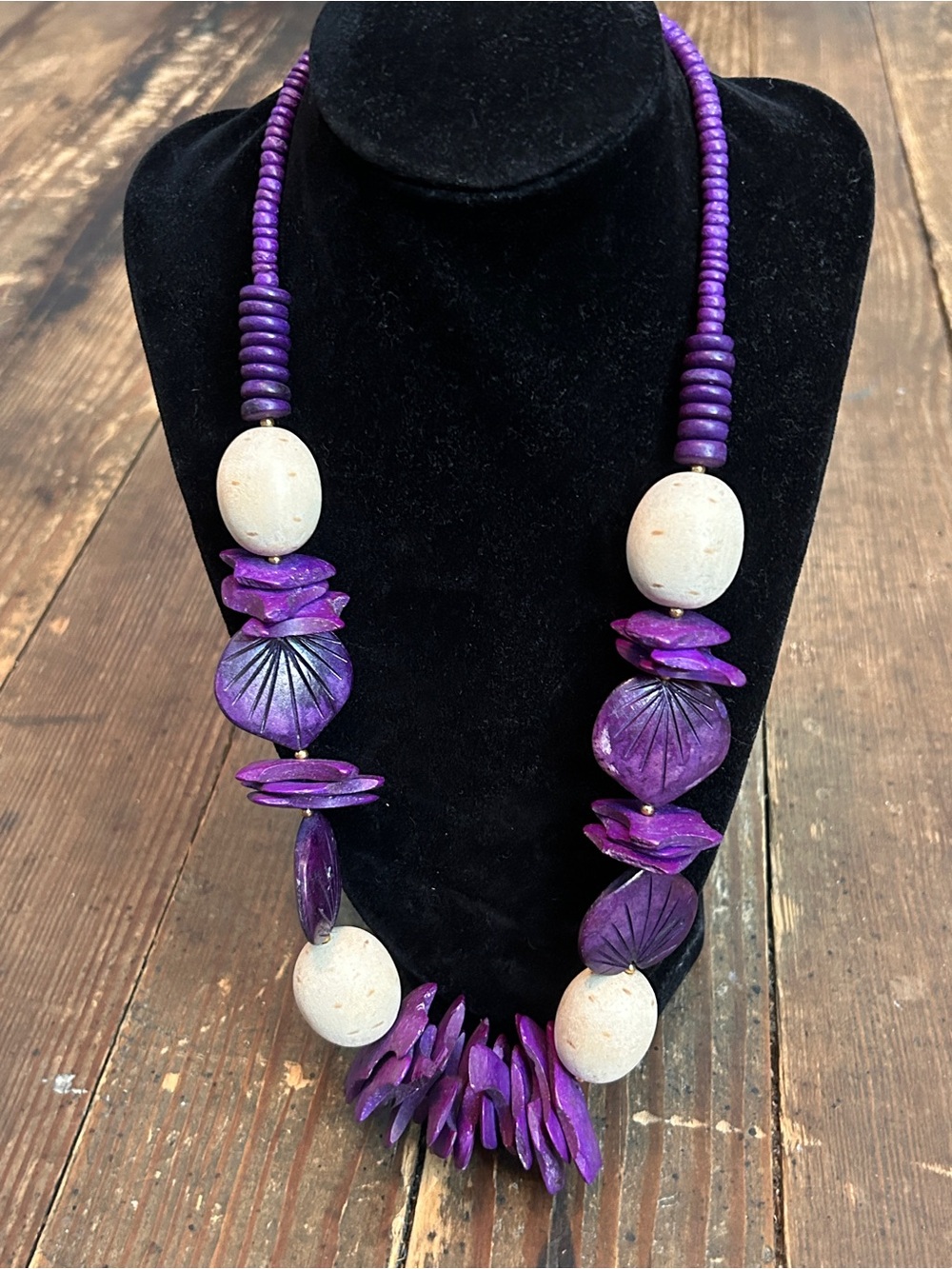 Vintage Hand-Carved Purple Wooden Statement Beaded Necklace
